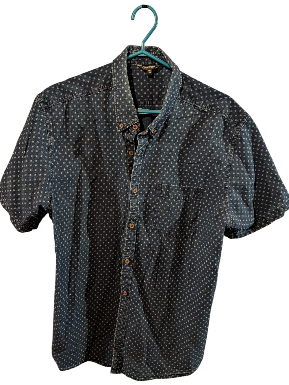 George Indigo Short Sleeve Button-Up Shirt with Dot Pattern
